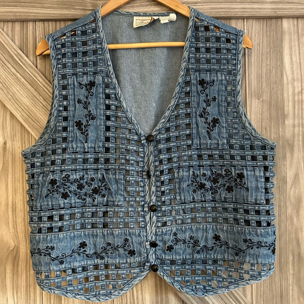 Vintage 90s Denim Vest Lattice Cutout Black Floral Embroidery Boho Cottagecore